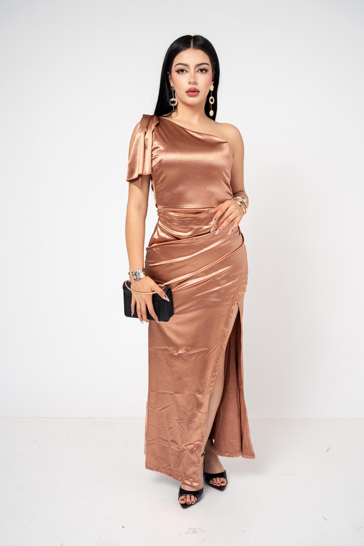 Vestido Gala Saten Stretch color Cobre | ZAIVA