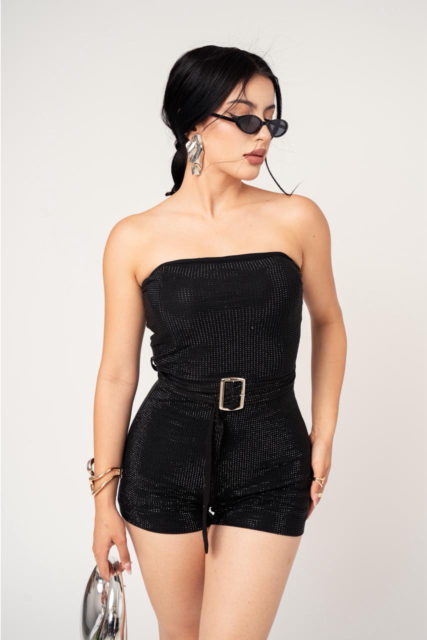 Jumpsuit Brillos De Strech Con Cinto color Negro | ZAIVA