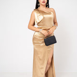Vestido Gala Saten Stretch color Dorado | ZAIVA