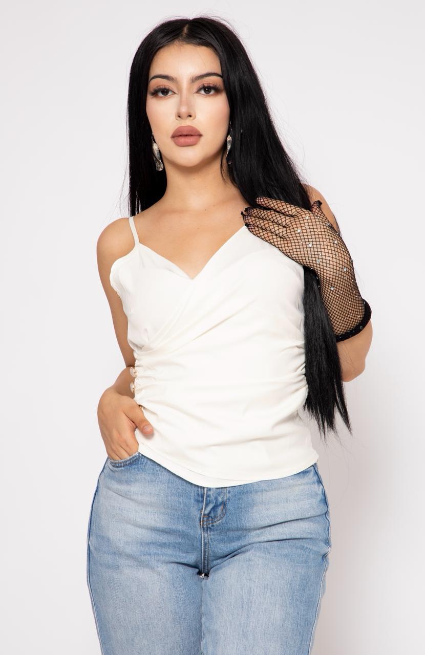 Top Satin Tirantes Con Pliegue Al Costado color Blanco | ZAIVA