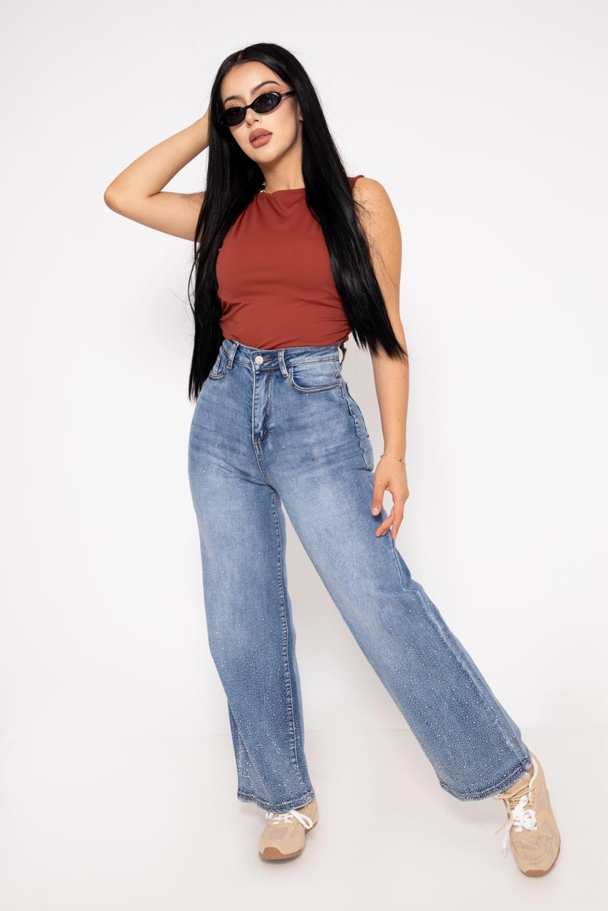 Pantalon Holgado Brillos Mezclilla Stretch | ZAIVA
