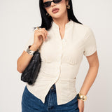 Camisa Manga Corta Pliegue En Copas color Beige | ZAIVA