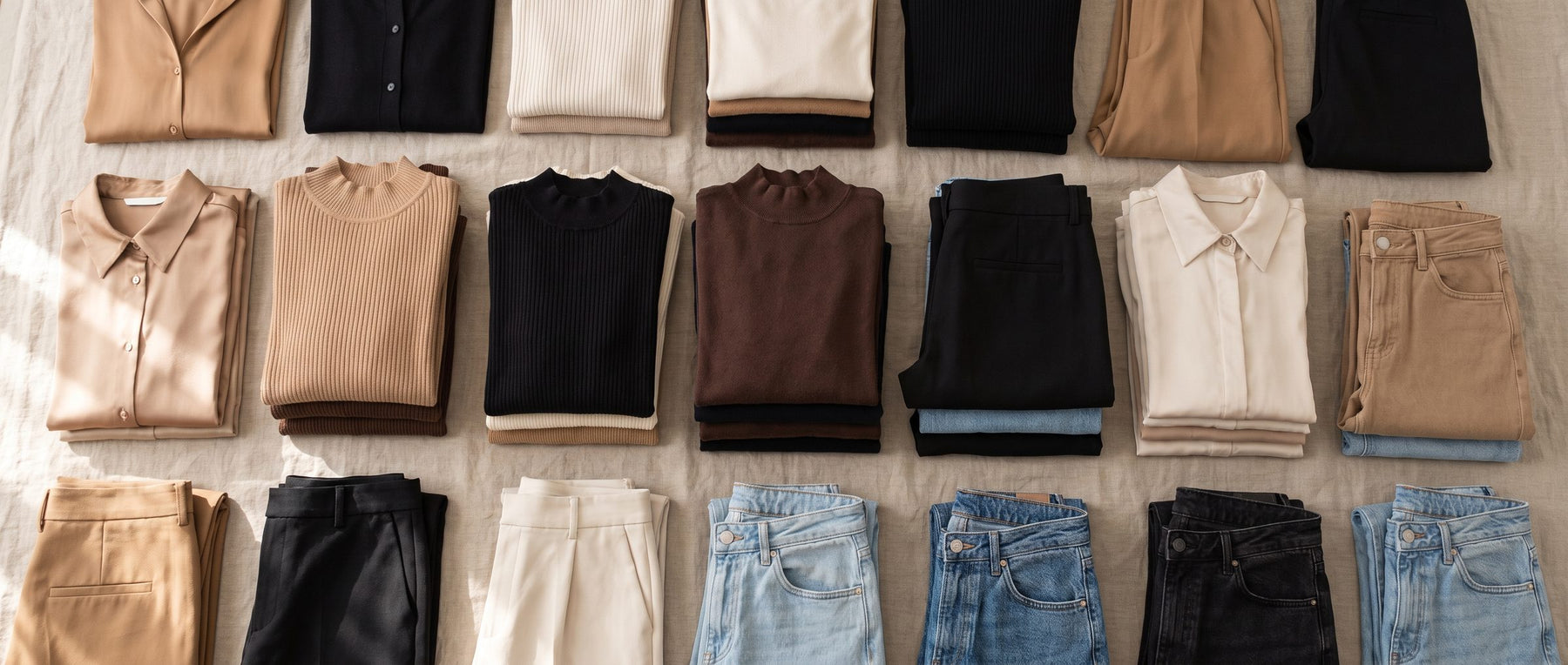 Prendas dobladas en camel, negro, crema y mezclilla